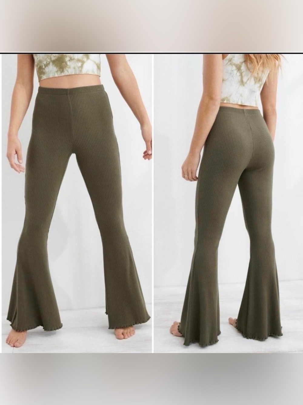 Aerie AE Ribbed Kick It Flare Pants Olive Green size medium lettuce hem medium